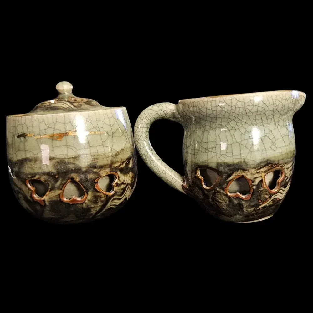 Vintage Made in Japan Art Pottery Creamer Sugar Bowl Crackle Glaze Pierced Heart